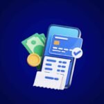 Ilustração digital em estilo 3D mostrando um smartphone com tela azul ao centro. À frente do aparelho aparecem um cartão de crédito azul com chip, um recibo impresso e um símbolo de confirmação em formato de marca de verificação. Atrás do smartphone há cédulas de dinheiro verdes e uma moeda dourada. O fundo é azul-escuro uniforme, destacando os elementos financeiros e de pagamento digital. Um logotipo branco está localizado no canto inferior direito da imagem.